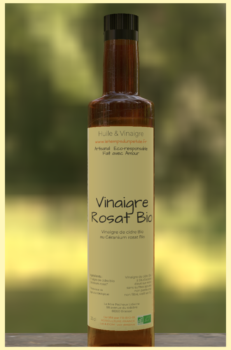 Bouteille de Vinaigre de cidre bio aromatisé au Géranium Rosat bio